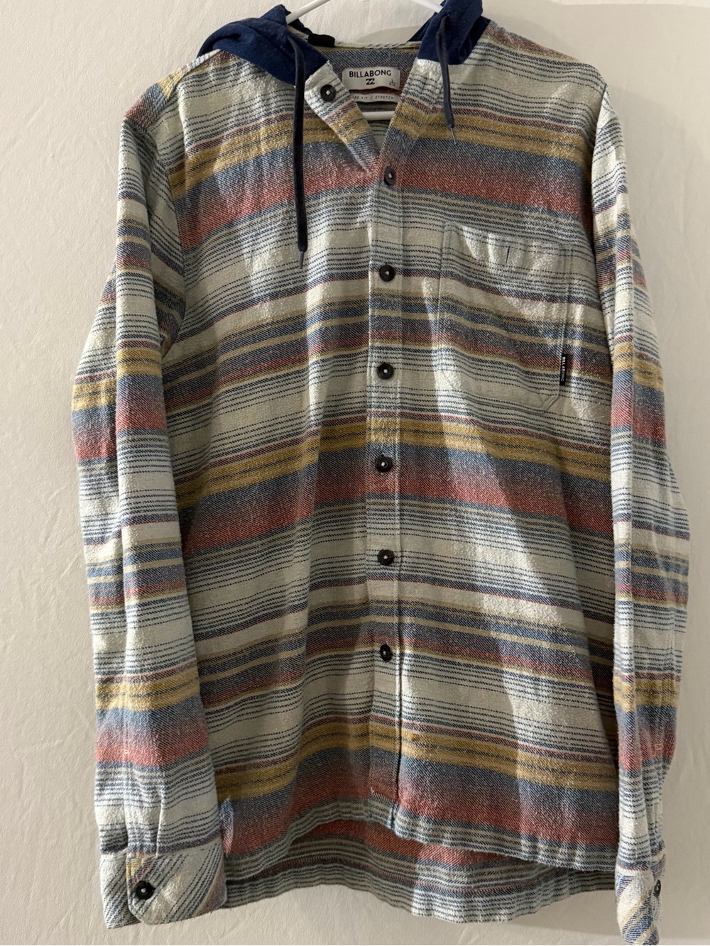 Billabong Baja Hooded Flannel Shirt Striped Core Fit Stretch Men’s L Preppy Surf